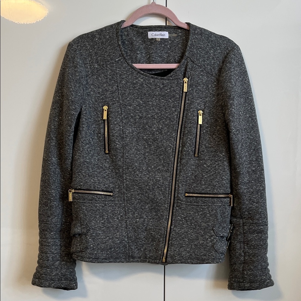 CALVIN KLEIN Gray Moto Jacket Lined Gold Zippers, Size M